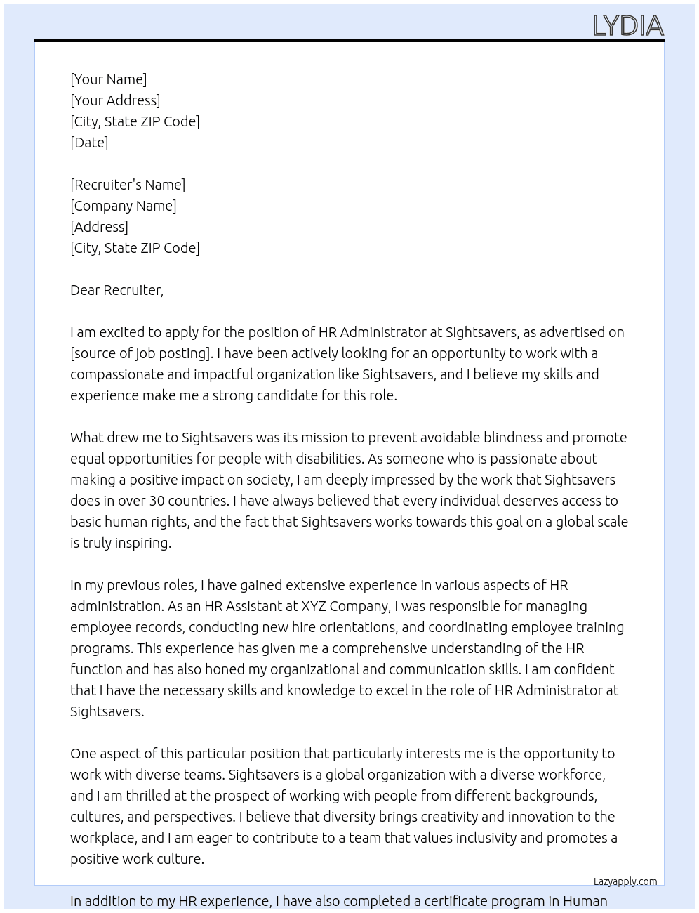 HR Administartor At Sightsavers Cover Letter
