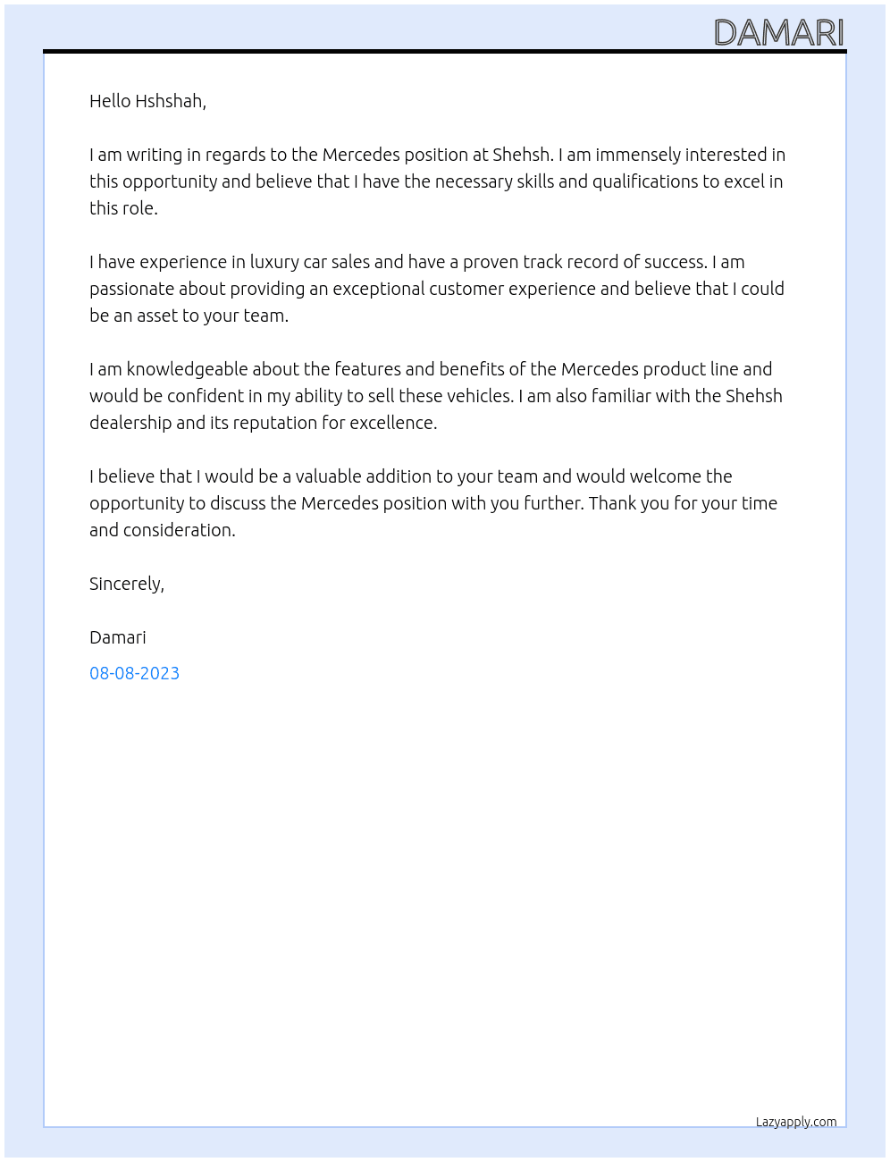 Mercendes At Shehsh Cover Letter