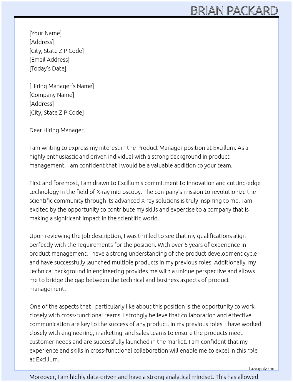 Product Manager At Excillum Cover Letter