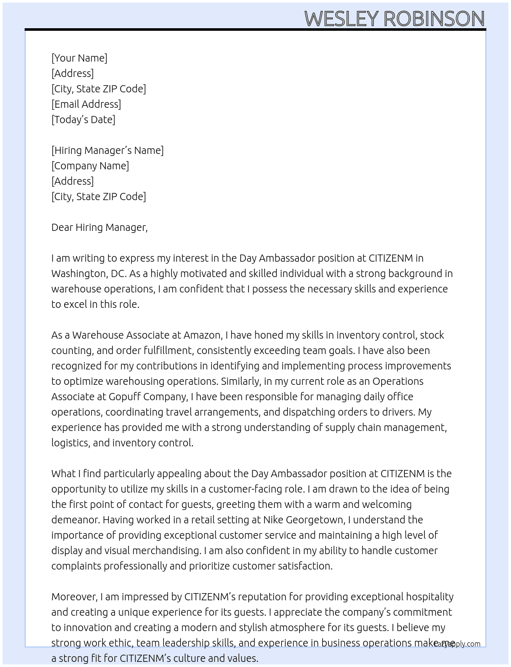 Day ambassador At CITIZENM Cover Letter