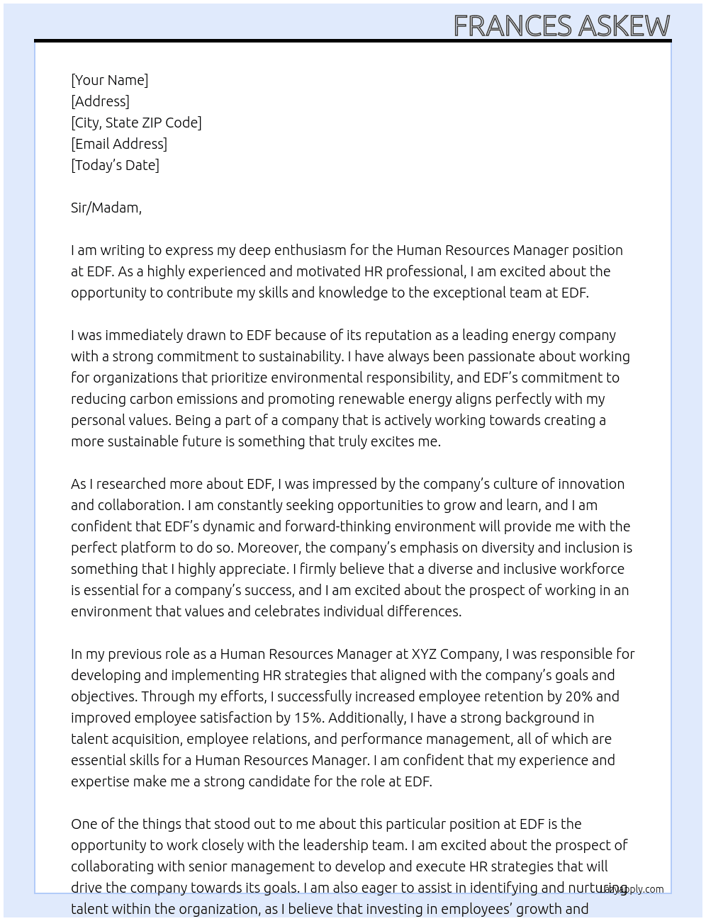Human Resources Manager At EDF Cover Letter
