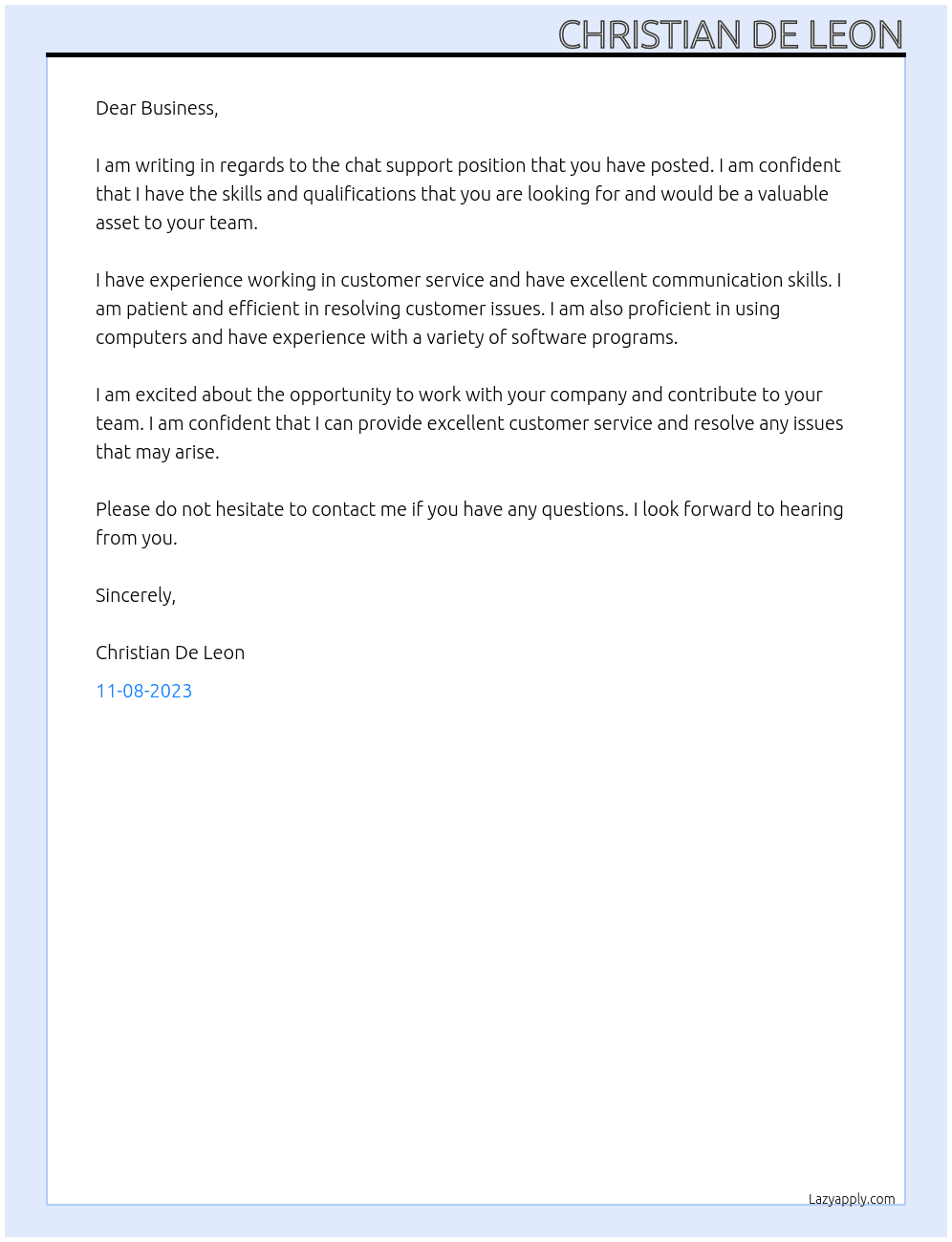 chat support At business Cover Letter