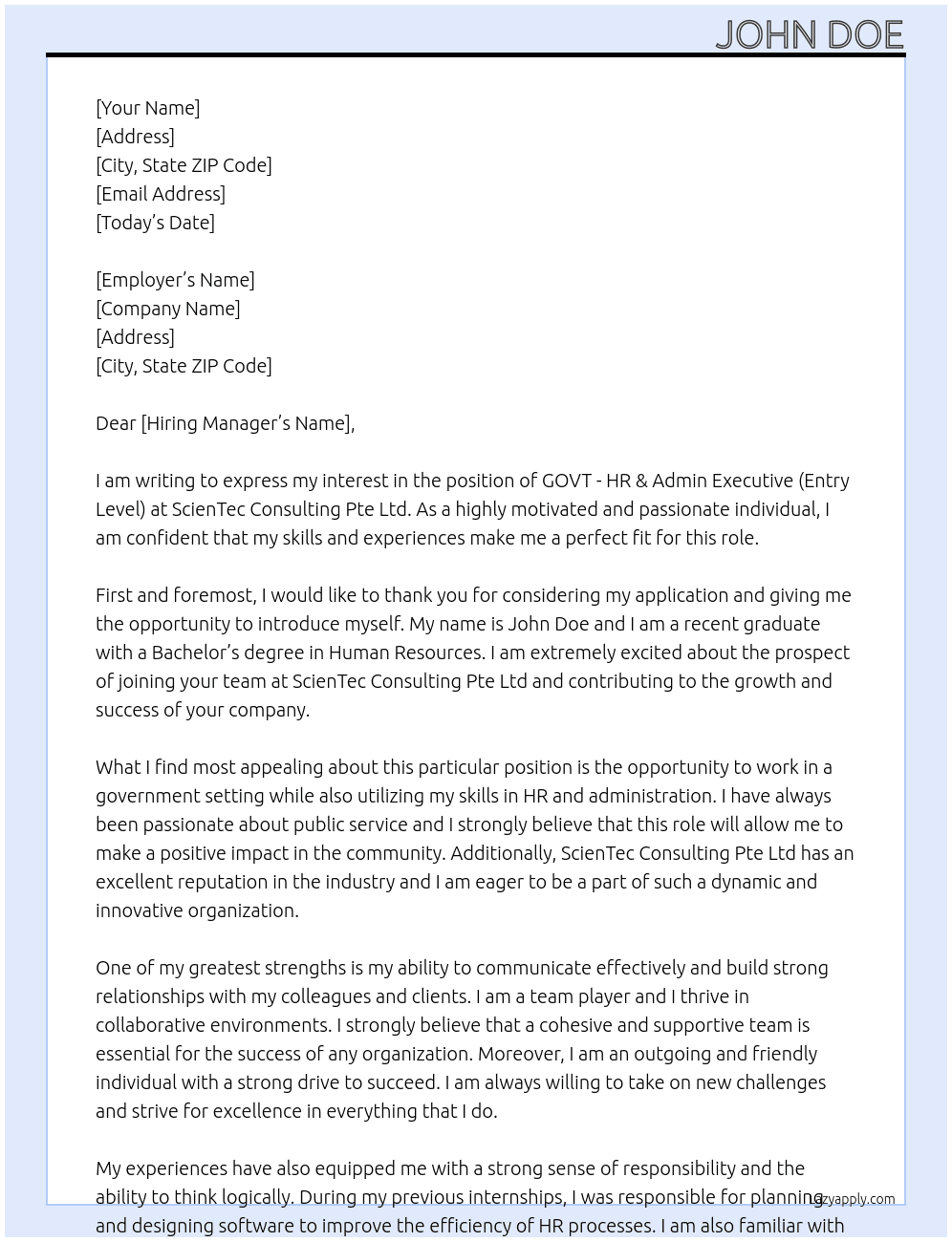 GOVT - HR & Admin Executive [Entry Level] At ScienTec Consulting Pte Ltd Cover Letter