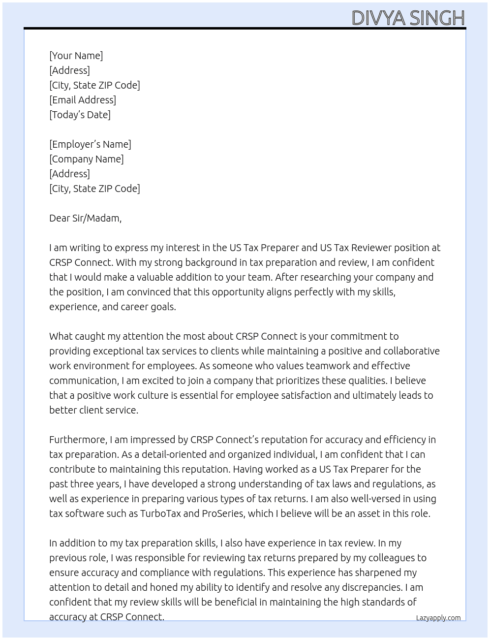 US Tax Preparer and US Tax Reviewer At CRSP Connect Cover Letter