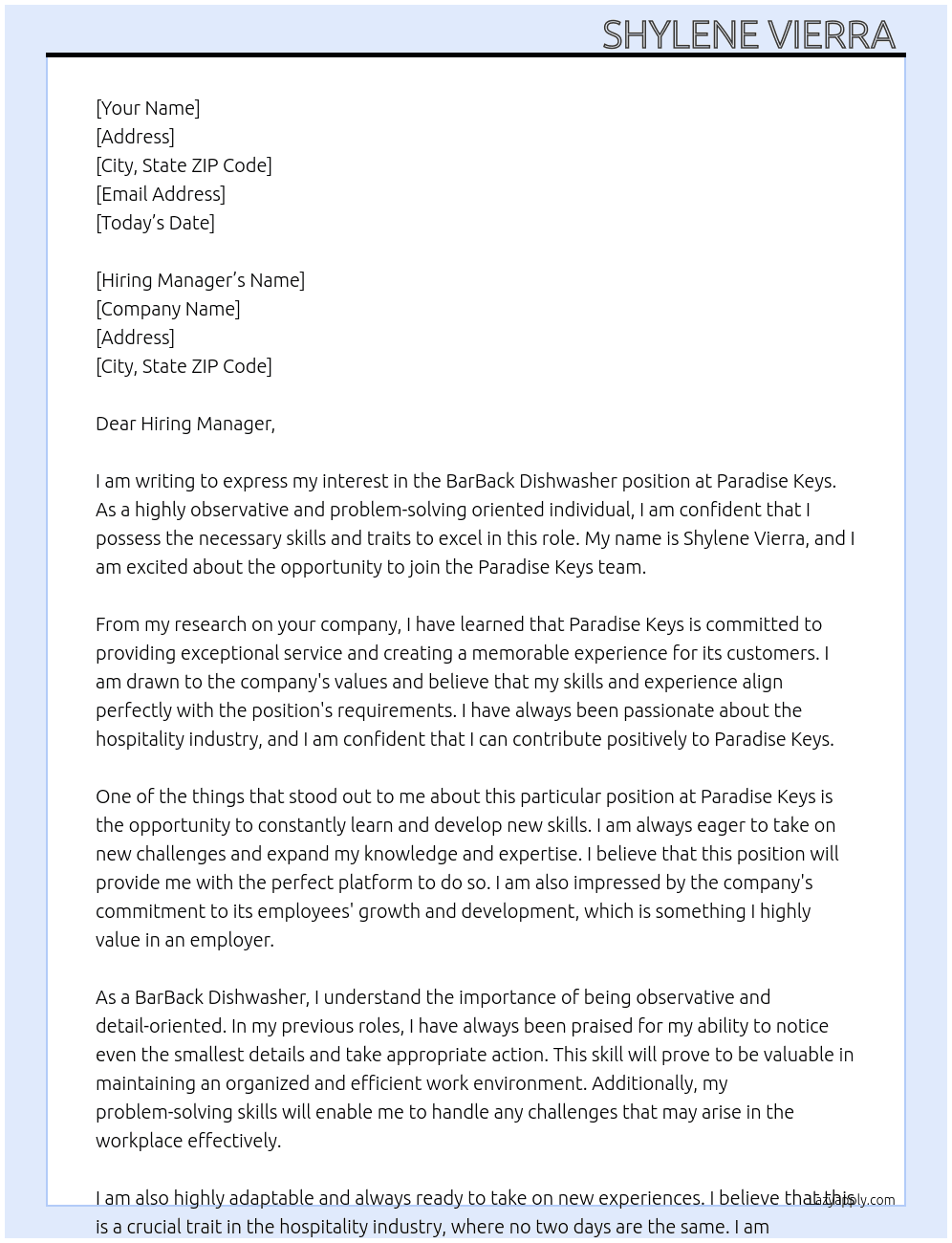 BarBack Dishwasher At Paradise Keys  Cover Letter