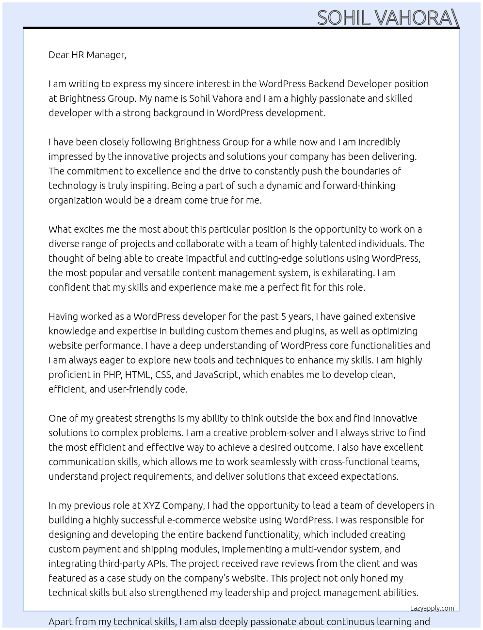 WordPress Backend Developer At Brightness Group Cover Letter