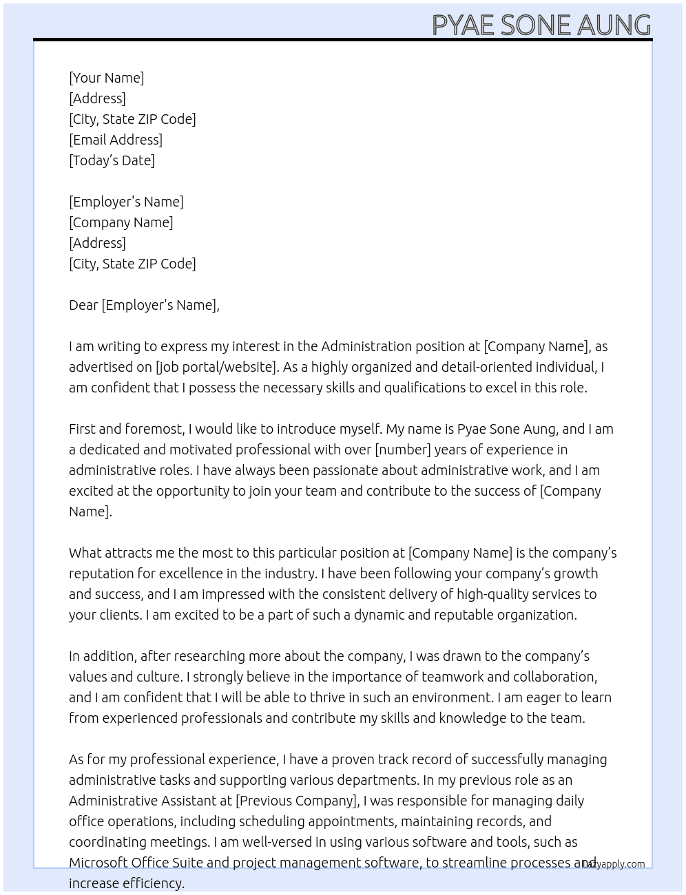 Adminstration At Pyae Sone Aung Cover Letter