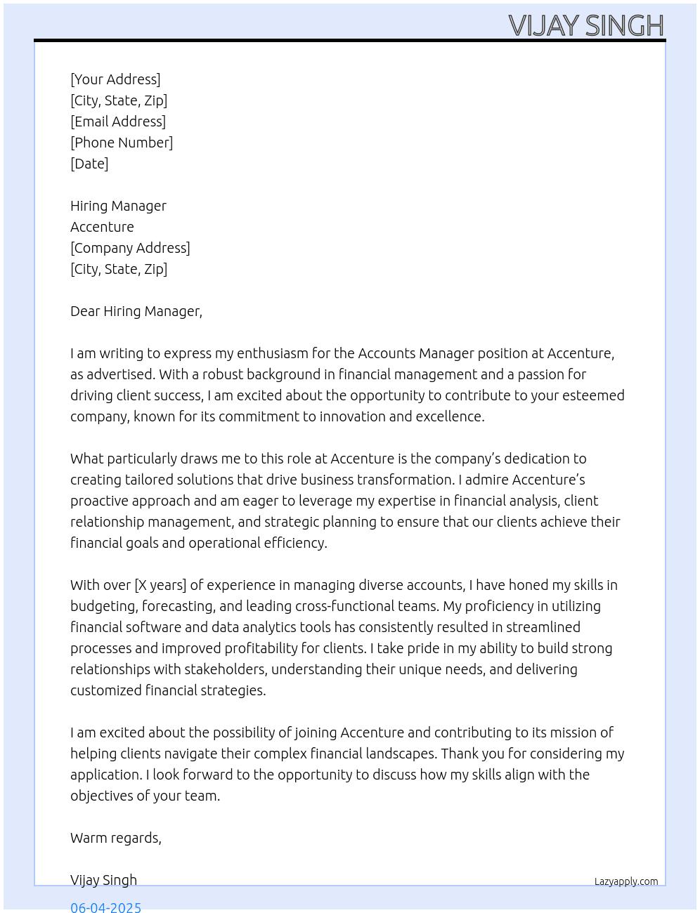 Accounts Manager At Accenture Cover Letter