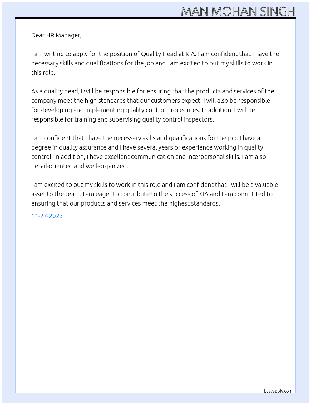 QUALITY HEAD At KIA Cover Letter