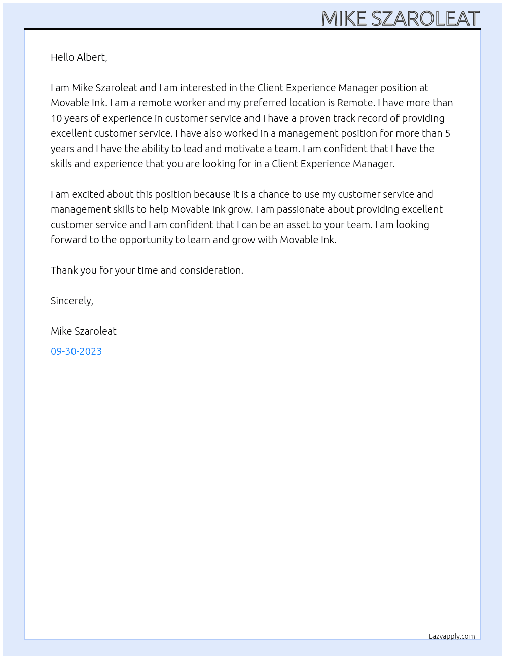 Client Experience Manager At Movable Ink  Cover Letter