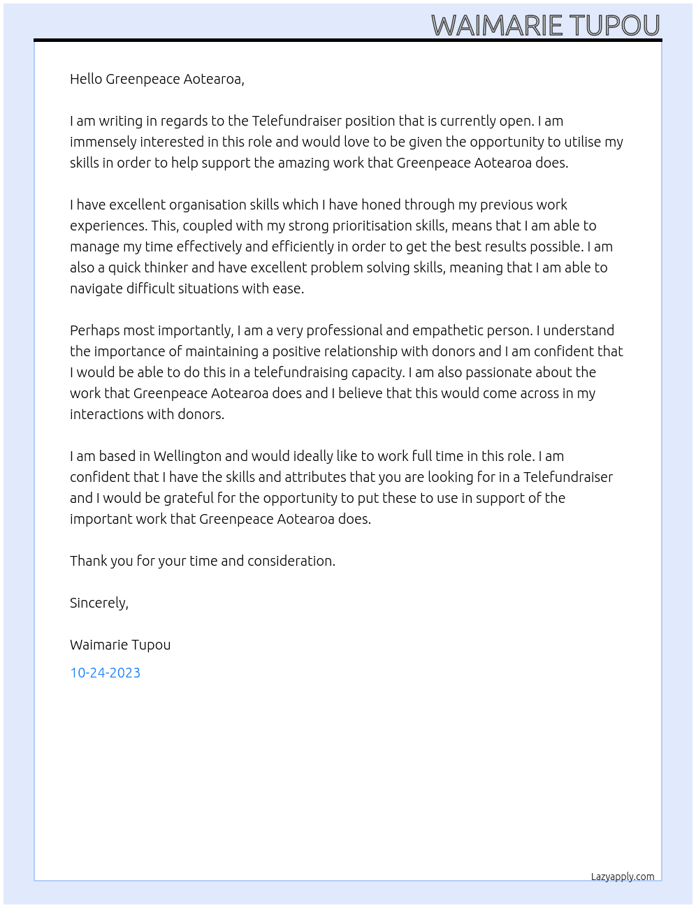 Telefundraiser At Greenpeace Aotearoa Cover Letter