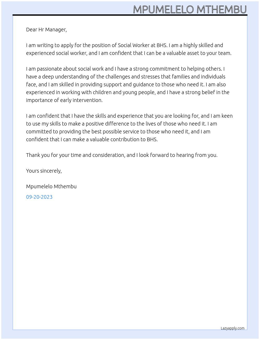 Social Worker  At BHS Cover Letter