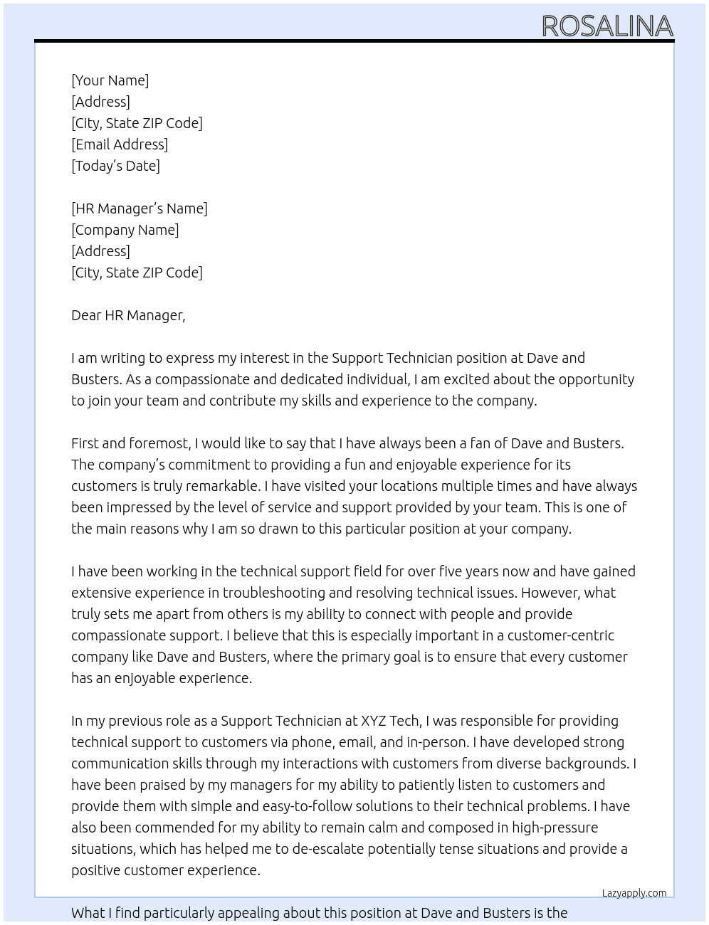 Support Technician At Dave and Busters Cover Letter