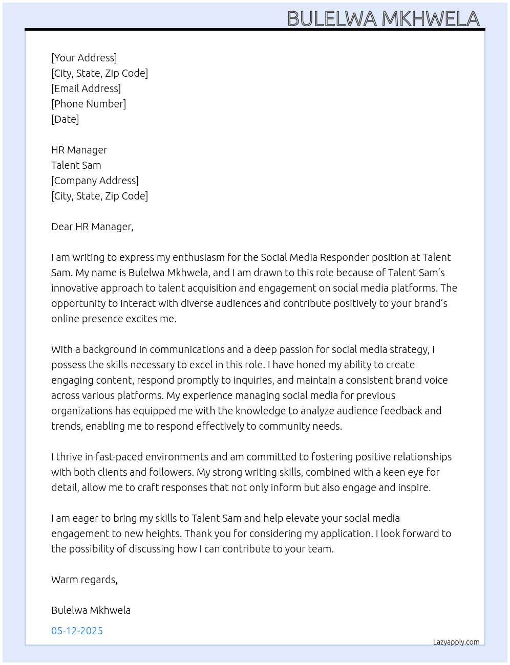 Social media responder At Talent Sam Cover Letter