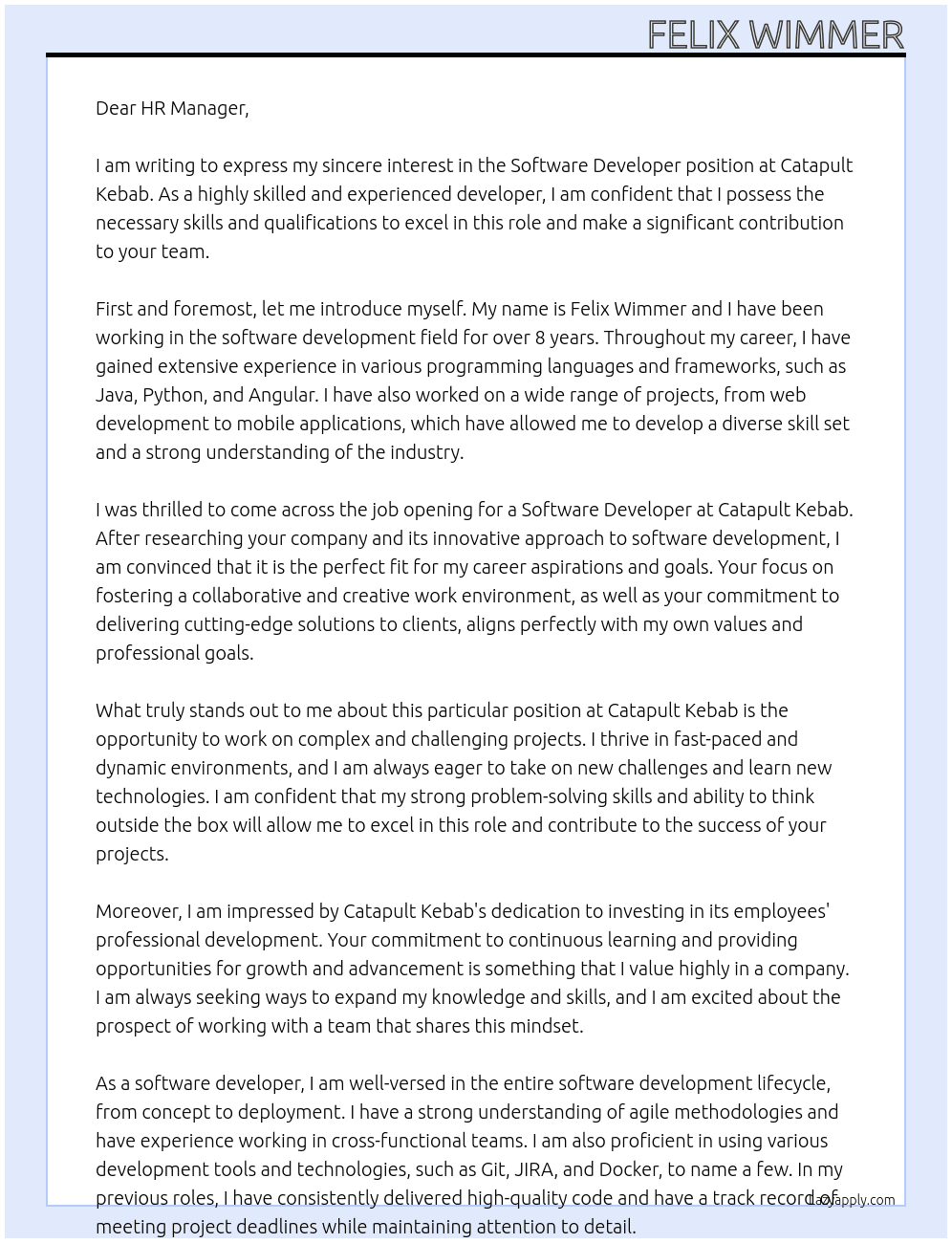 Software developer At Catapult Kebab Cover Letter