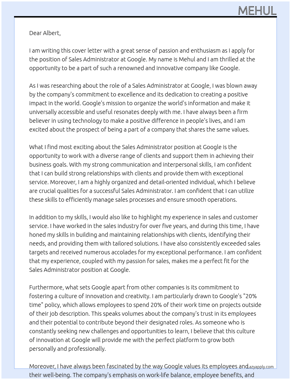 sales administrator At google Cover Letter