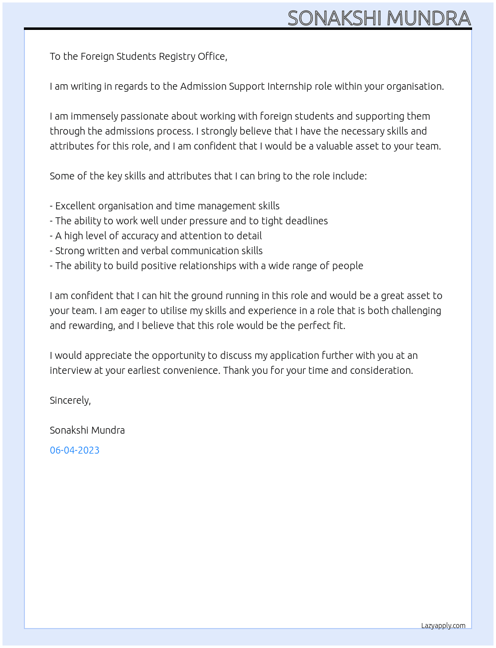 Admission Support Internship At Foreign Students Registry Office Cover Letter