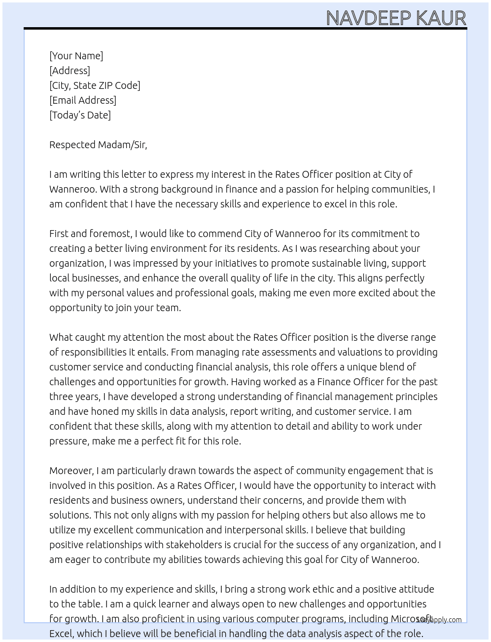 Rates Officer At City of Wanneroo Cover Letter
