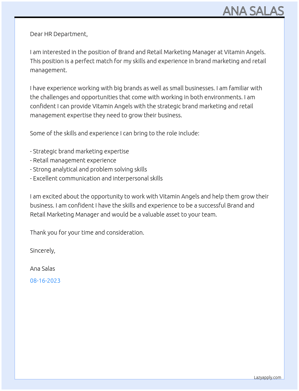 Brand and Retail Marketing Manager At Vitamin Angels Cover Letter