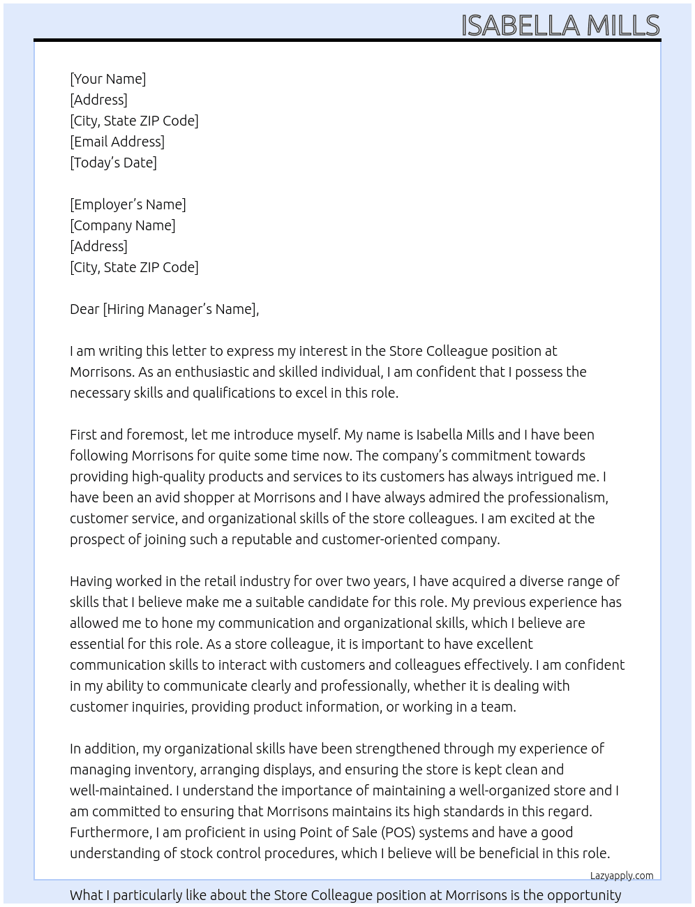 store colleague  At morrisons  Cover Letter