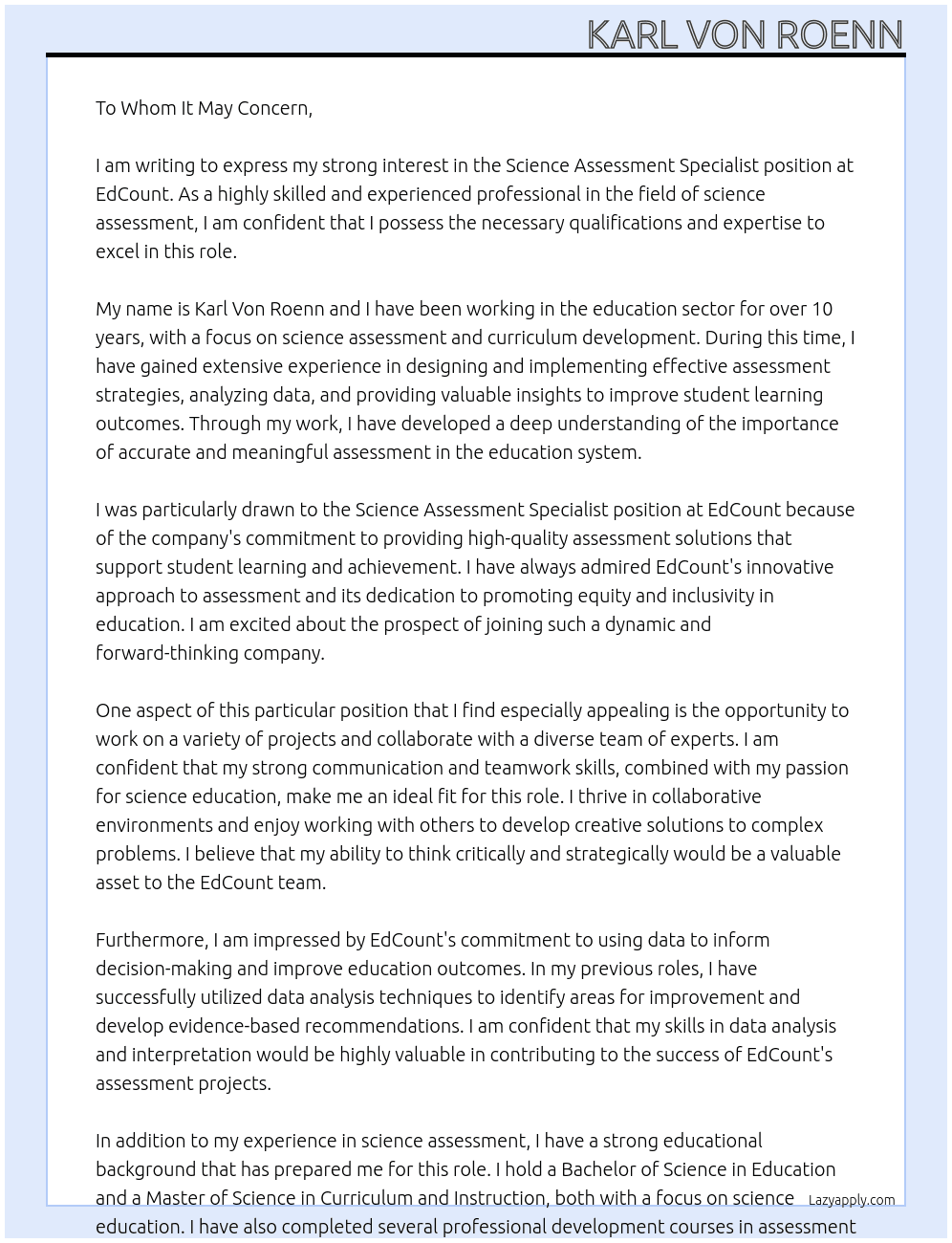 Science Assessment Specialist At EdCount Cover Letter