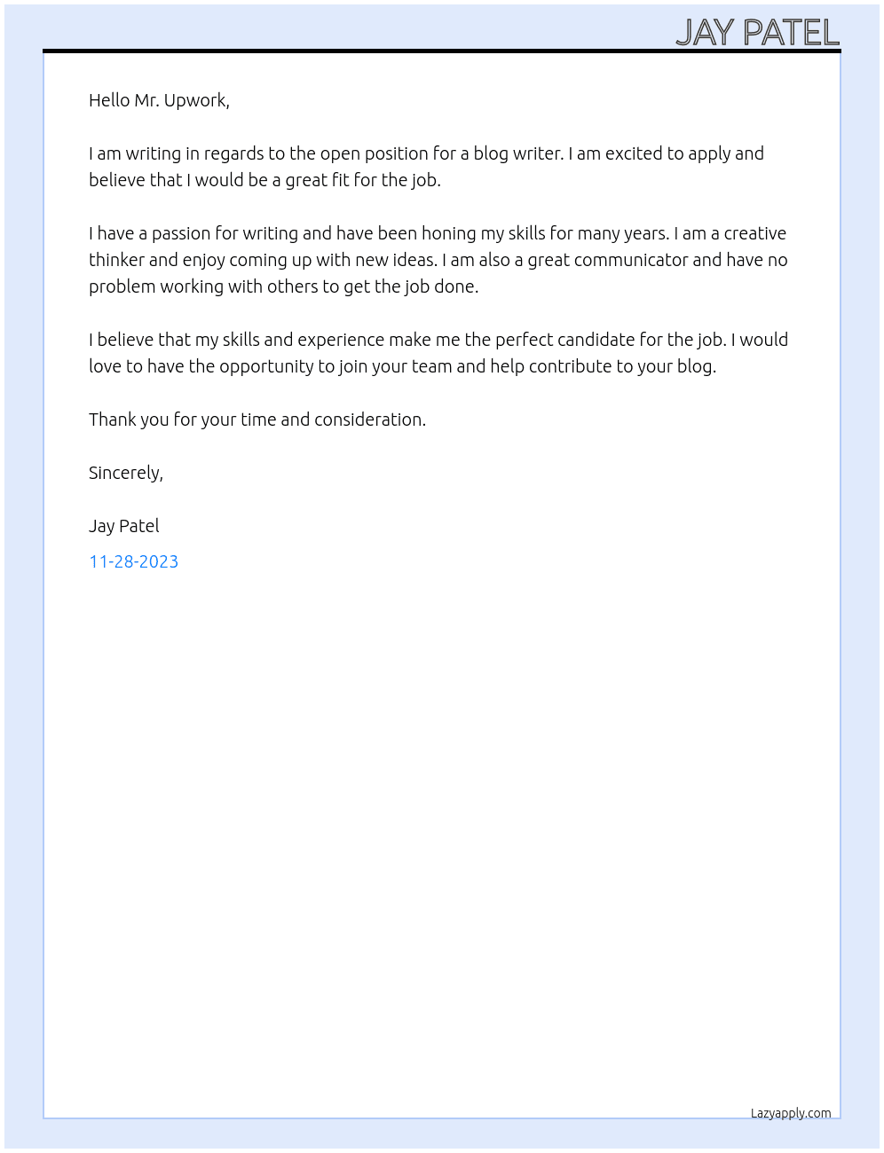 blog writer At Upwork  Cover Letter
