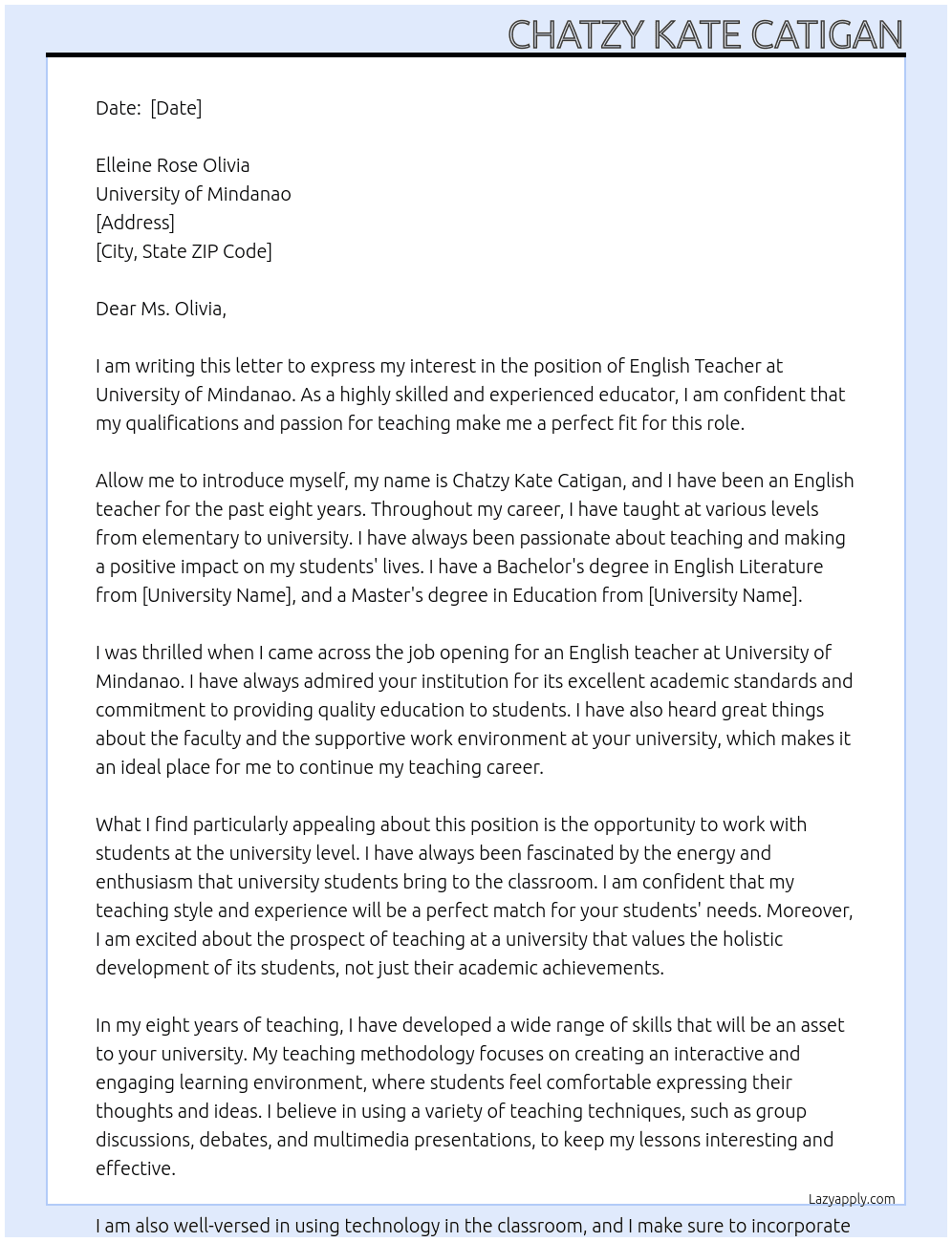 english teacher At University of mindanao Cover Letter