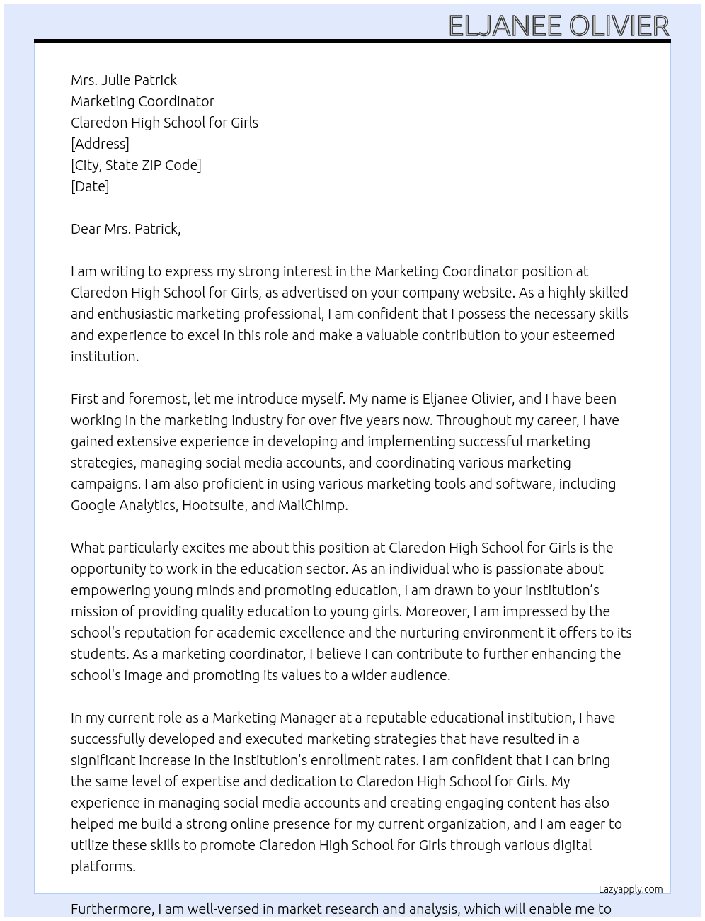 Marketing co ordinator At Claredon High School for Girls Cover Letter