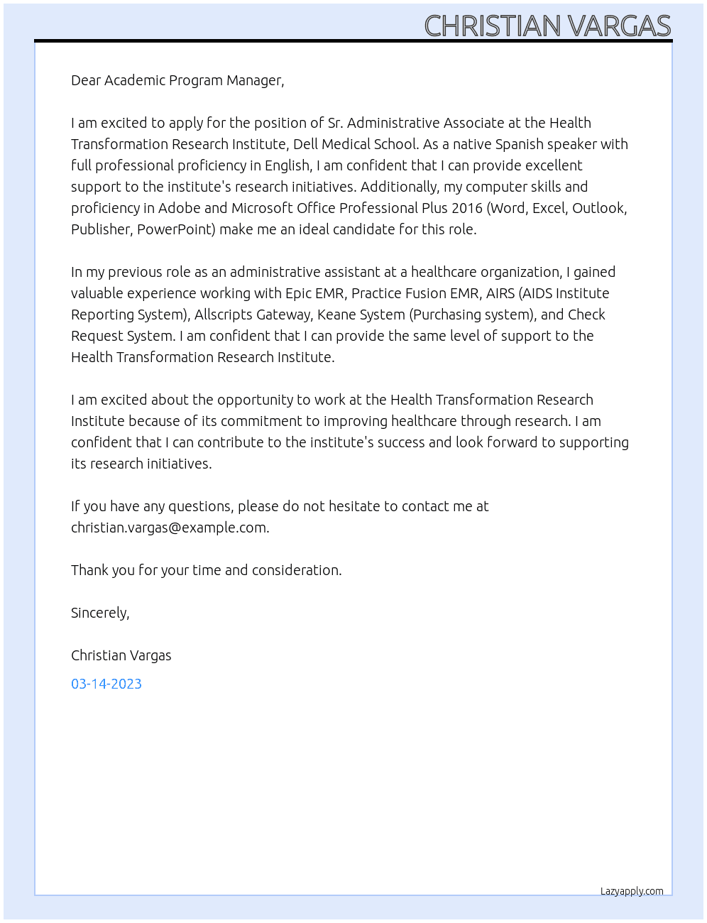 Sr. Administrative Associate At Health Transformation Research Institute, Dell Medical School Cover Letter