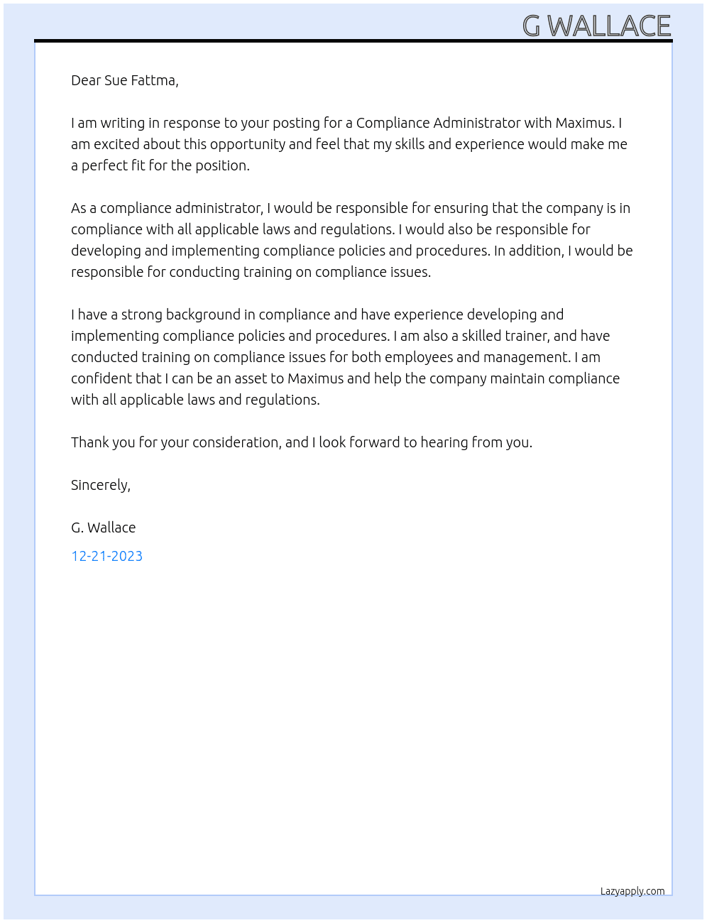 Compliance administrator At maximus Cover Letter