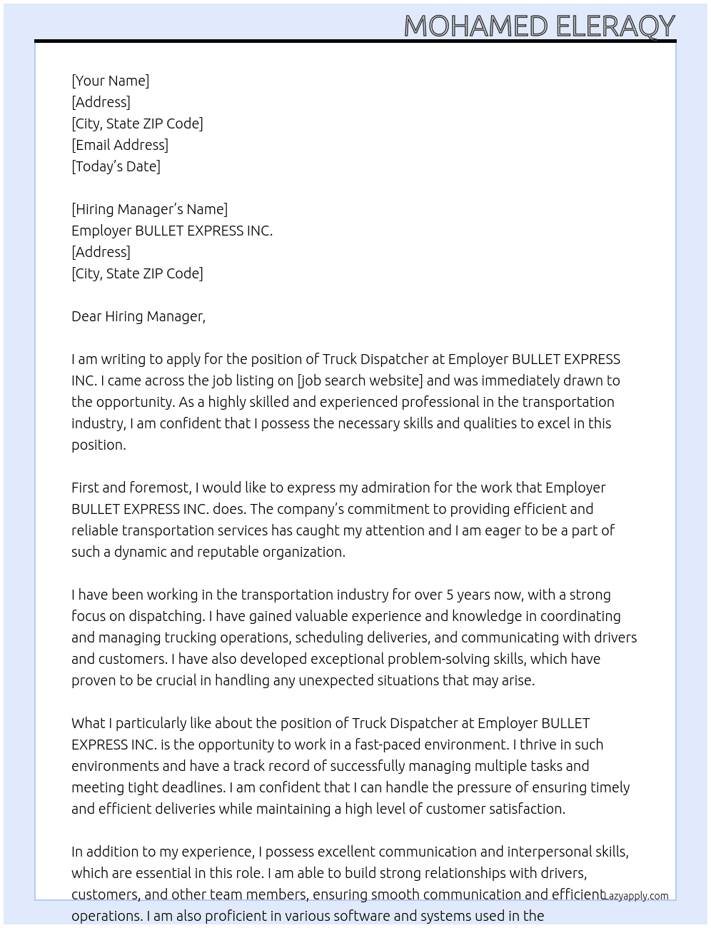 Truck dispatcher At Employer BULLET EXPRESS INC. Cover Letter