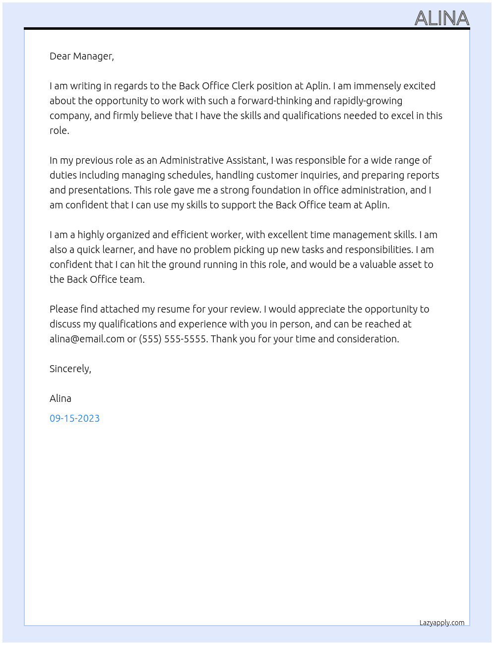 Back office clerk At Aplin Cover Letter