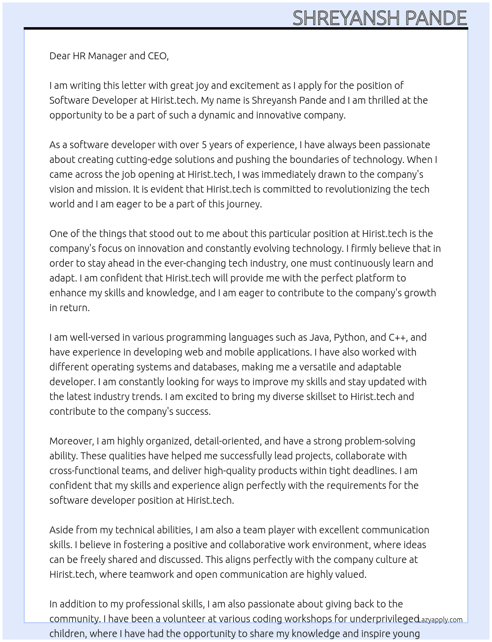 Software developer At Hirist.tech Cover Letter