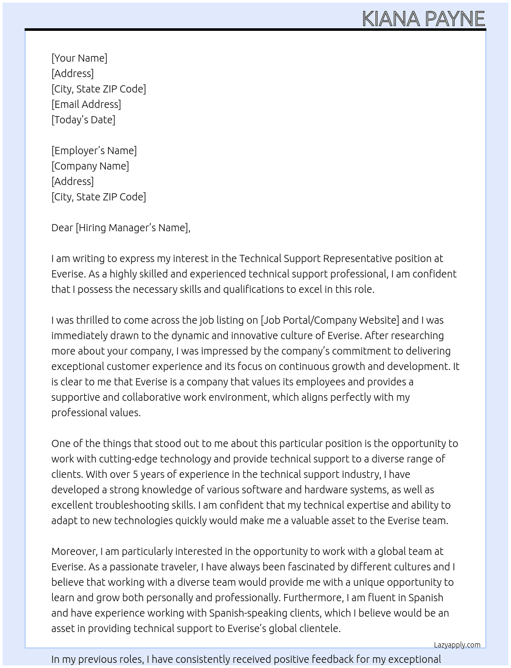 Technical Support Representative At Everise Cover Letter