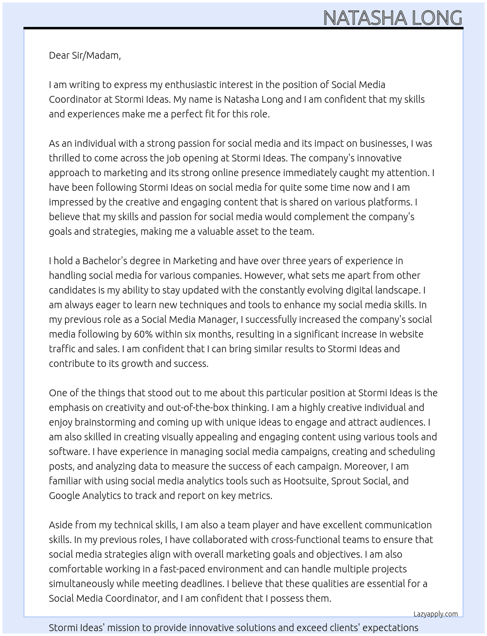 Social media co ordinator At Stormi ideas Cover Letter