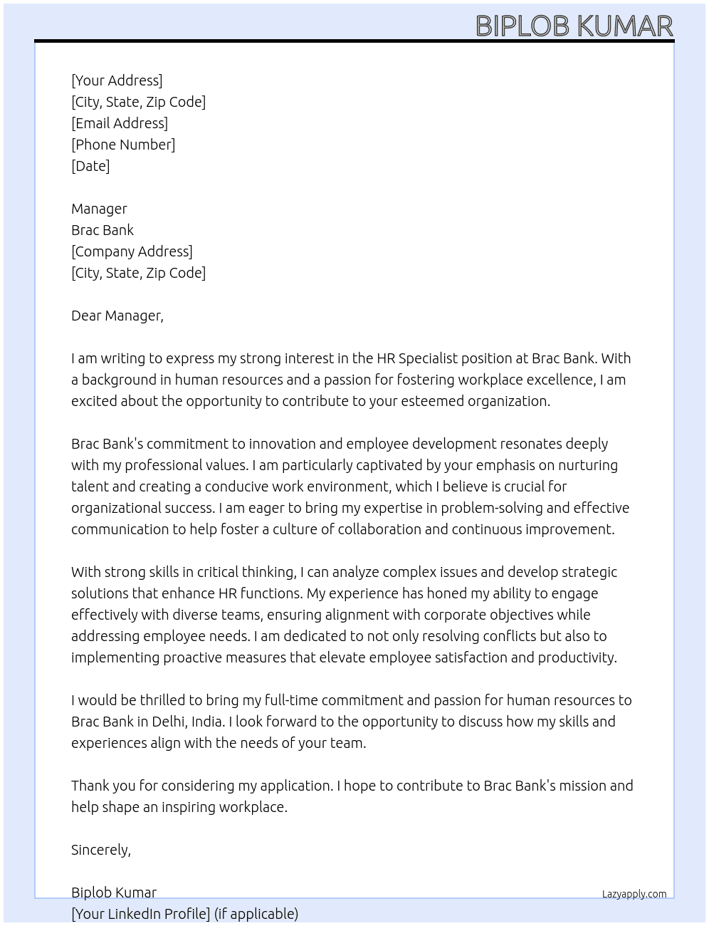 HR Specialist At Brac Bank Cover Letter