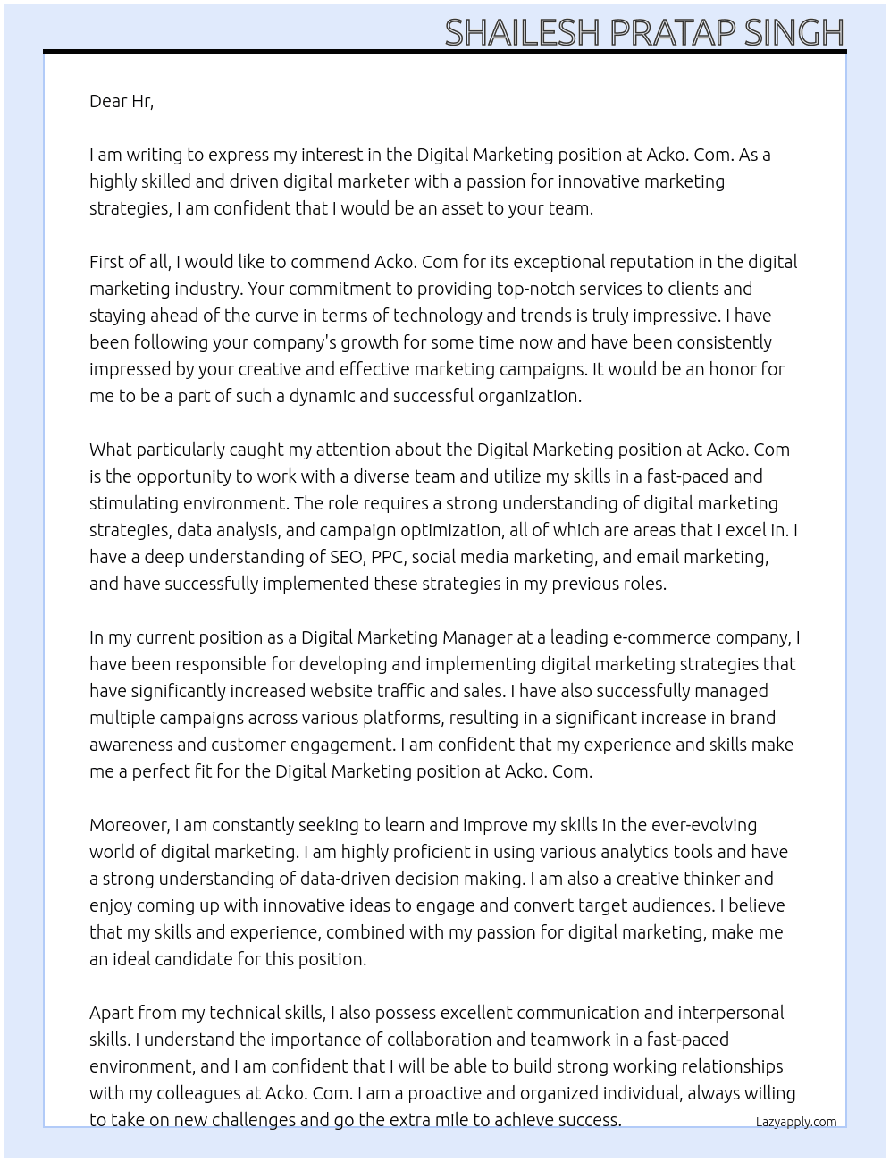 Digital marketing At Acko. Com Cover Letter