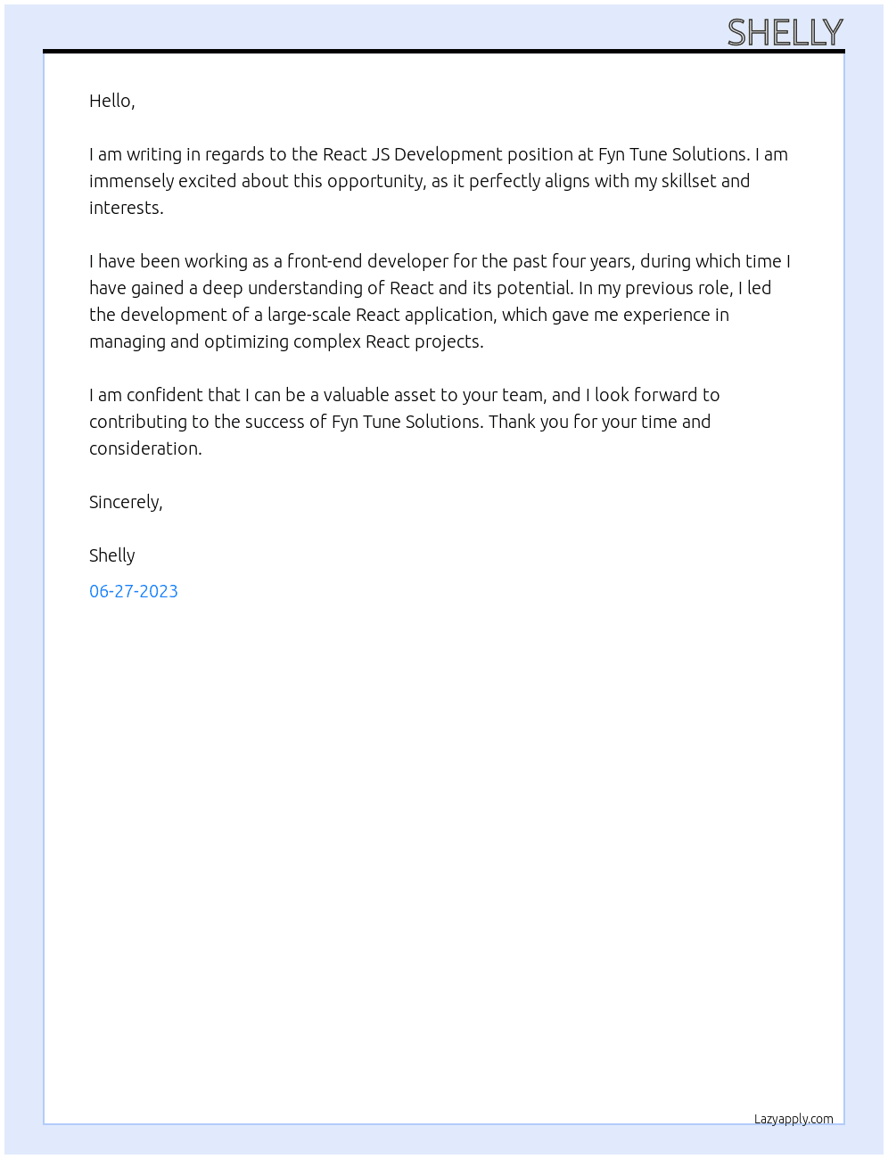 react js development At fyn tune solutions Cover Letter