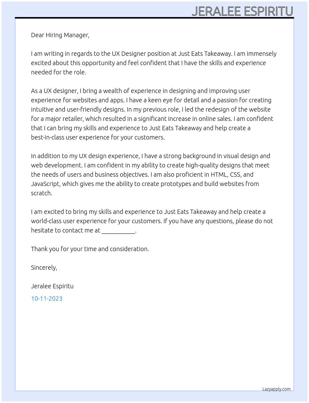 UX Designer At Just Eats Takeaway Cover Letter
