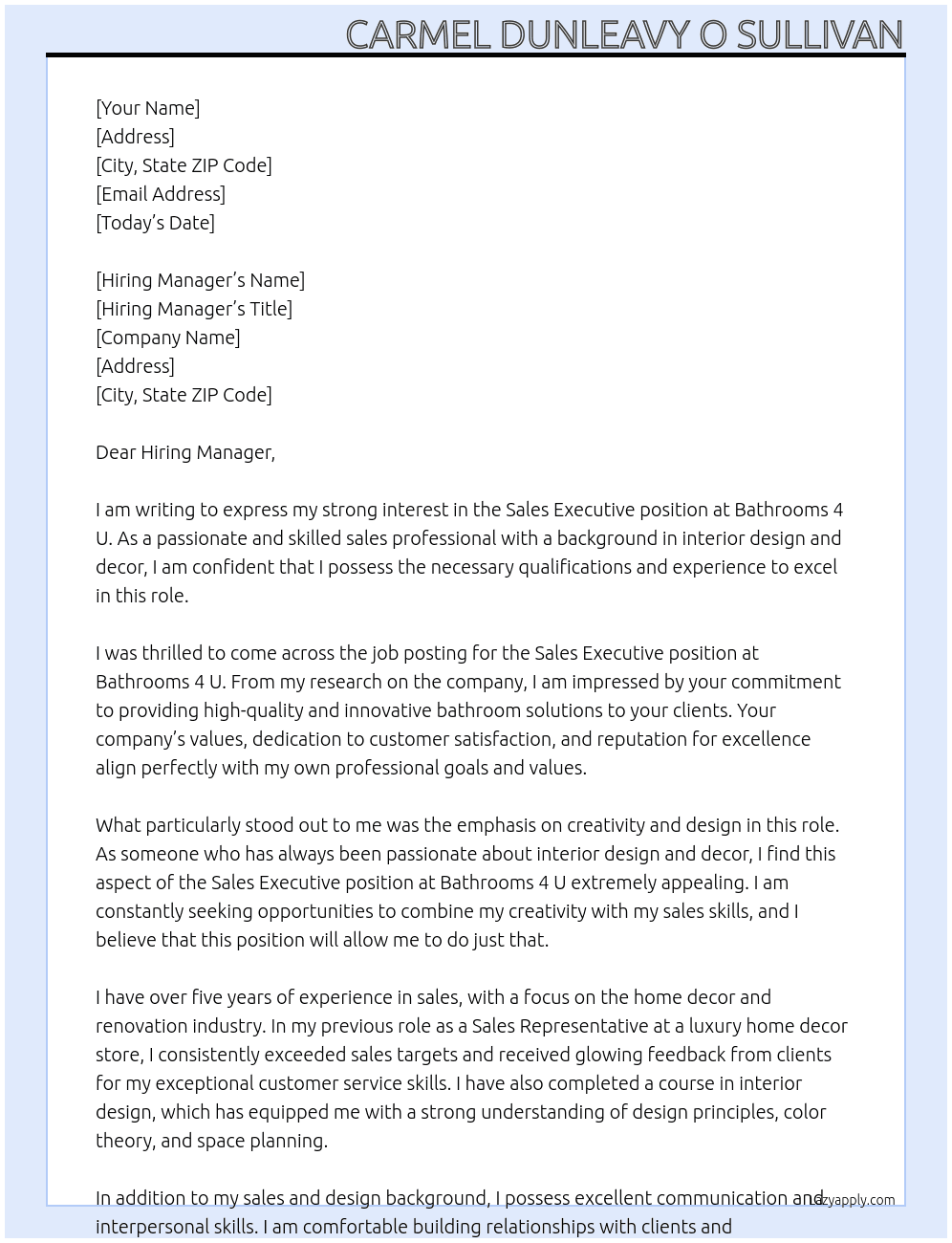 Sales Executive  At Bathrooms 4 U Cover Letter