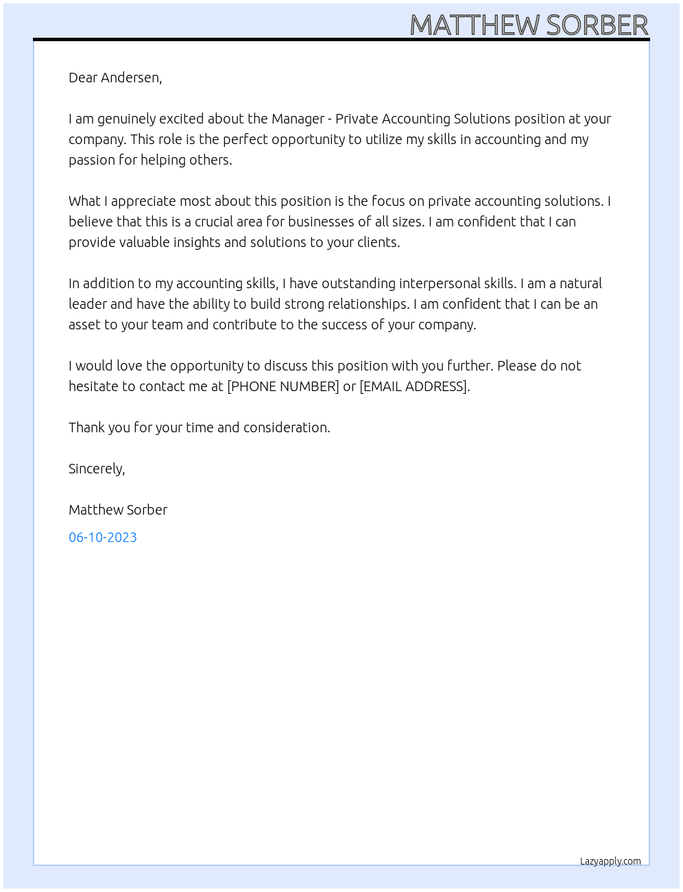 Manager - Private Accounting Solutions At Andersen Cover Letter
