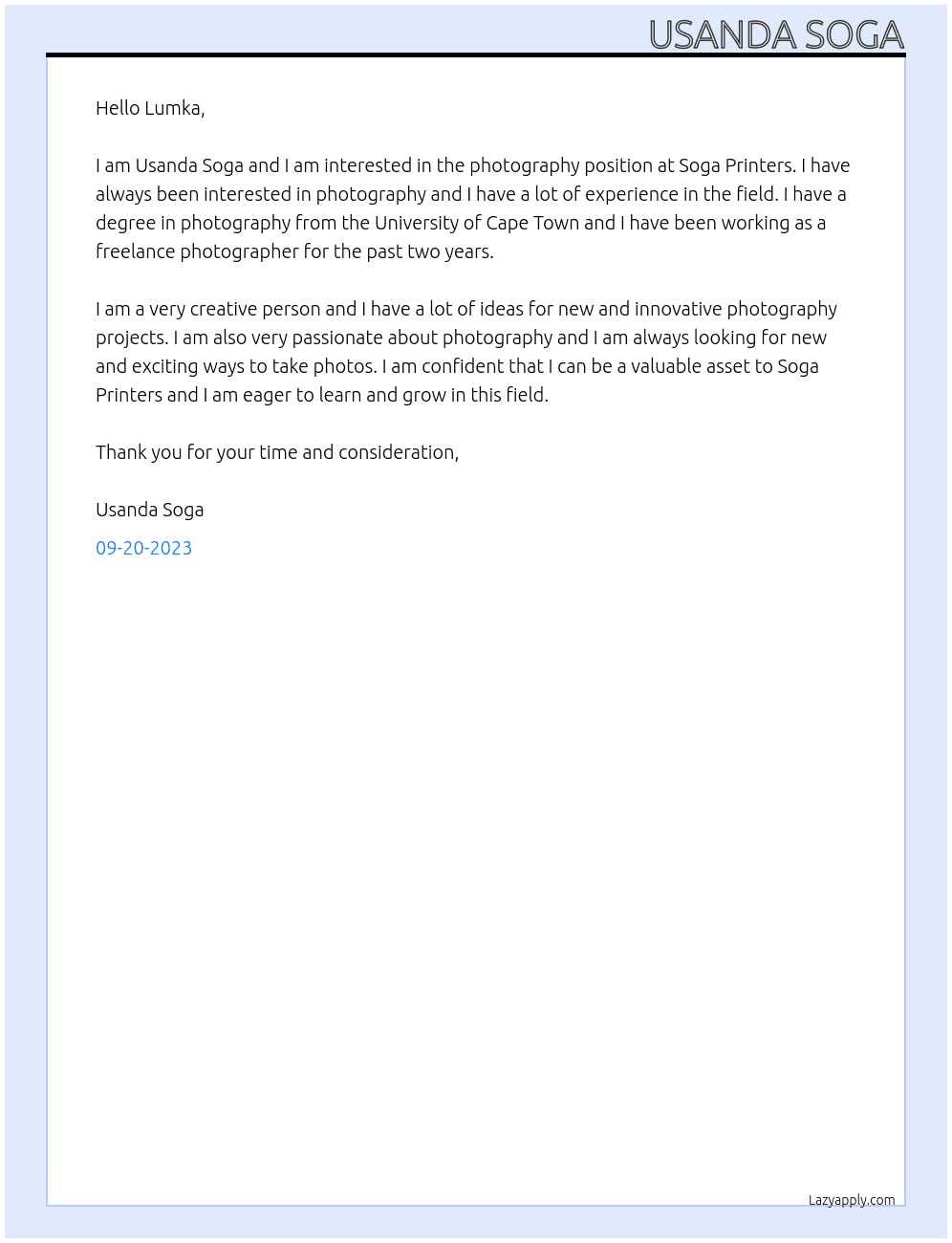 Photography At Soga Printers Cover Letter