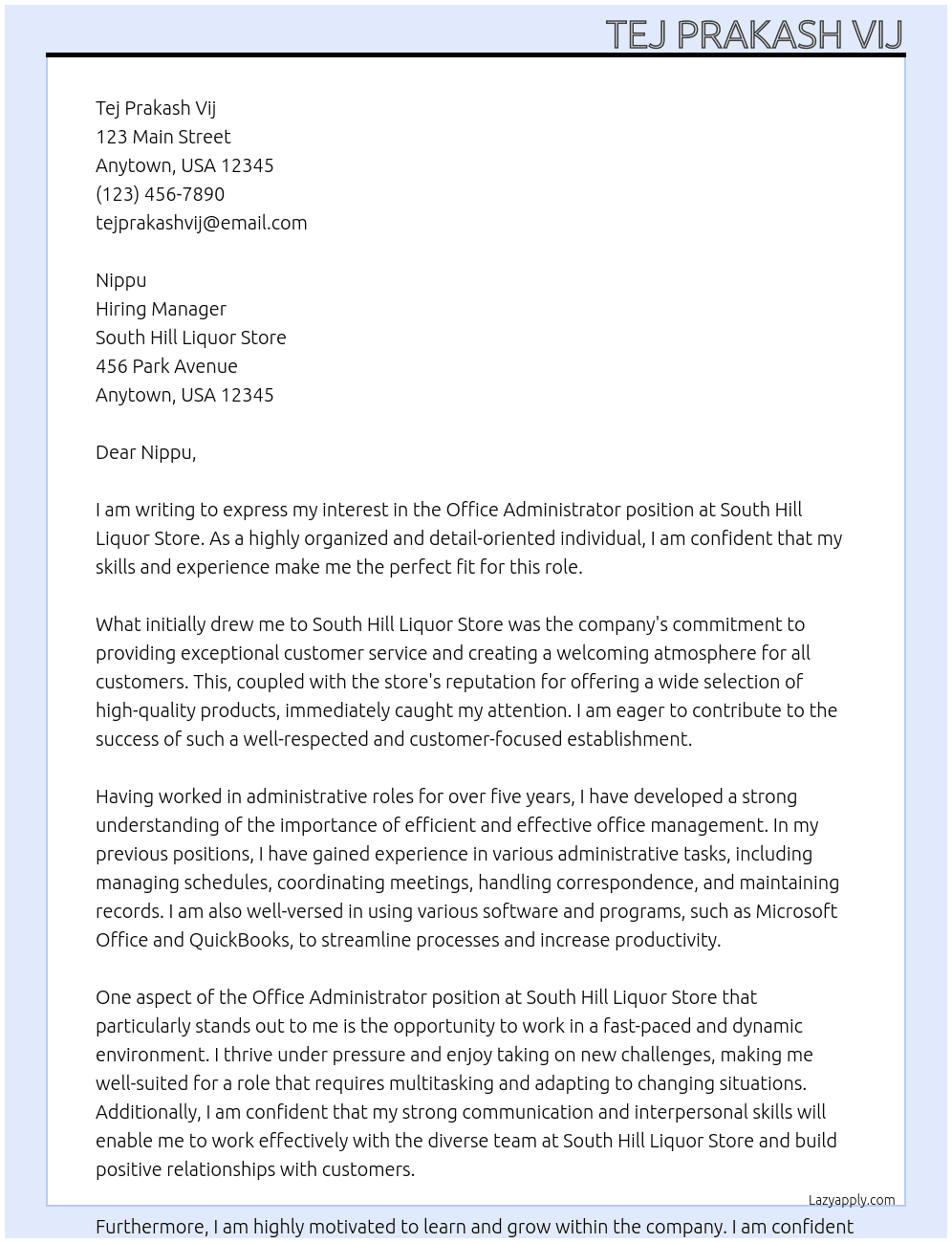 OFFICE ADMINISTRATOR At SOUTH HILL LIQUOR STORE Cover Letter