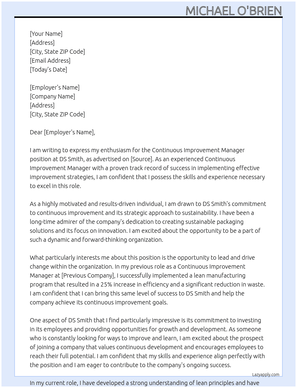 Continuous improvement manager  At DS Smith  Cover Letter