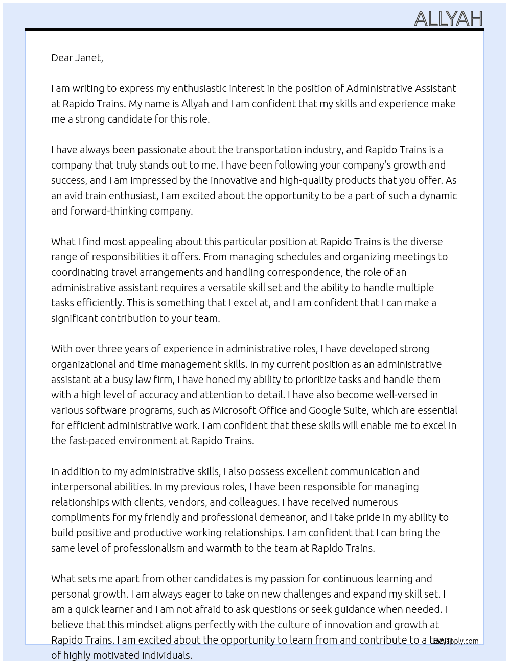 administrative assistant  At Rapido Trains  Cover Letter