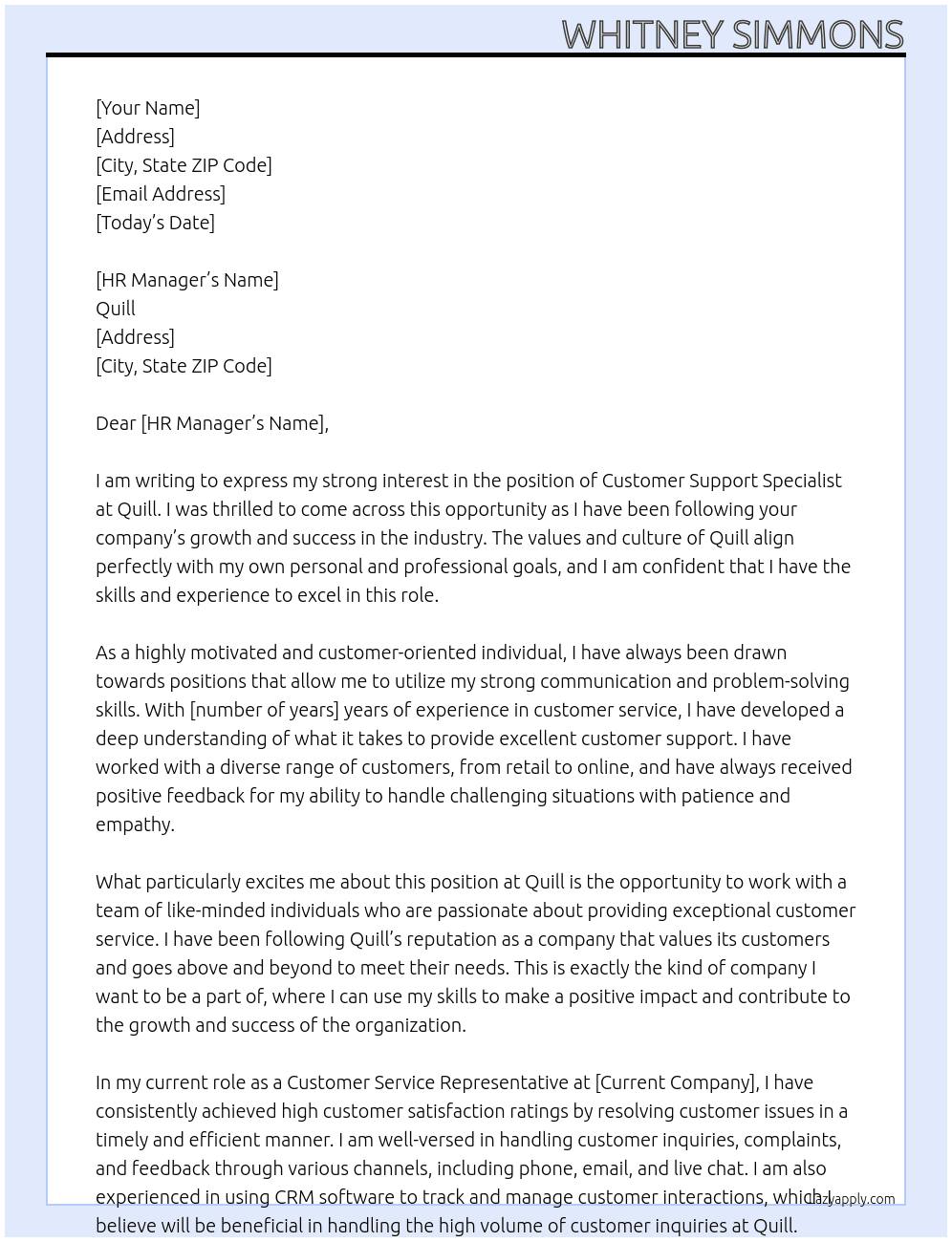 Customer Support Specialist At Quill Cover Letter