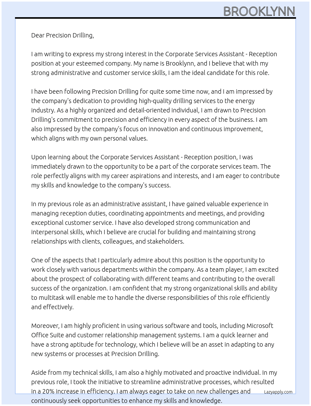 Corporate services assistant - reception  At Precision Drilling  Cover Letter