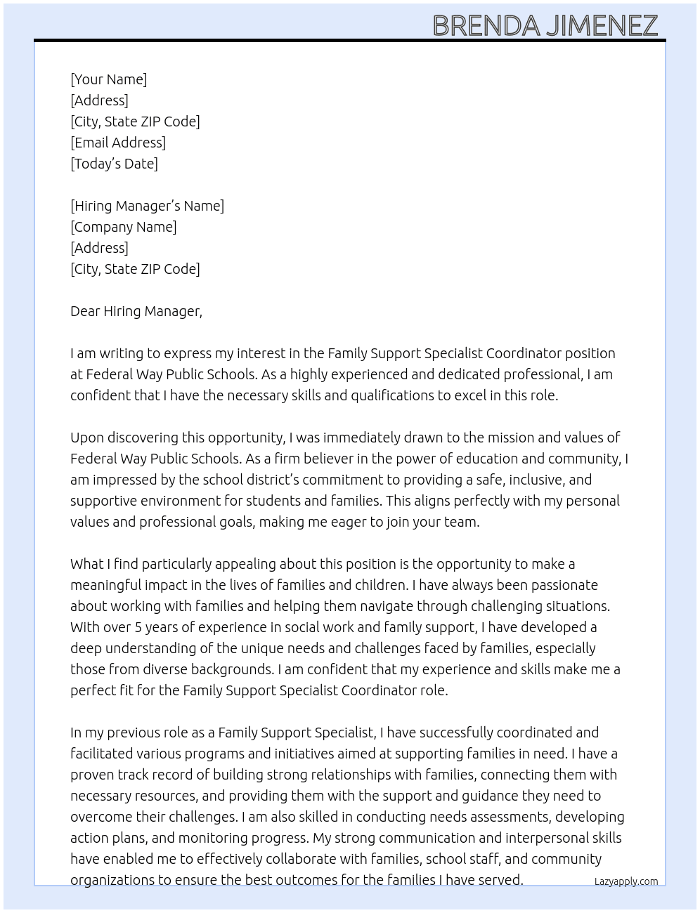 Family Support Specialist Coordinator At Federal Way Public Schools Cover Letter