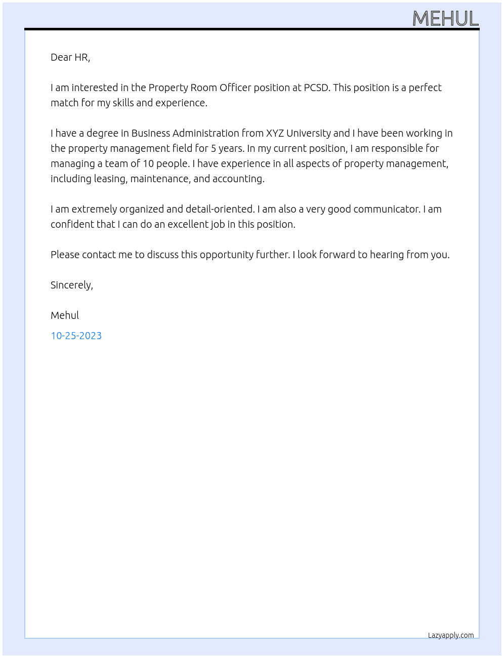 Property Room Officer At pcsd Cover Letter