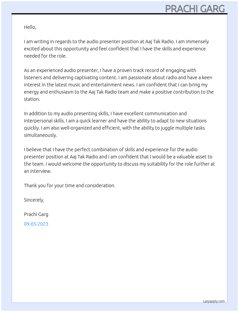 Audio presenter At Aaj Tak Radio Cover Letter